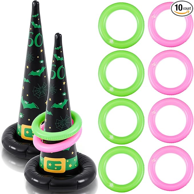 Leitee 10 Pcs Halloween Inflatable Witch Hat Ring Toss Game Set Carnival Pink and Green Inflatable