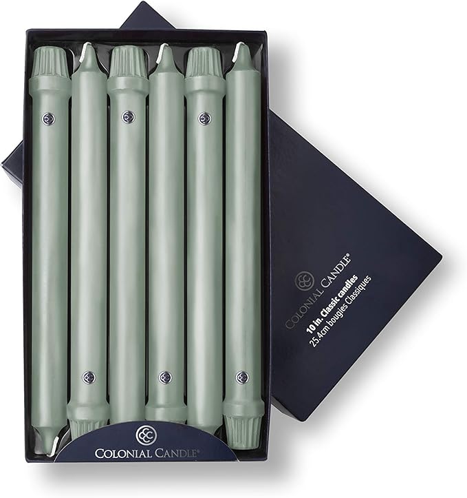 Colonial Candle Unscented Taper Candle, Classic Collection, Colonial Classic Green, 10 In, Pack of