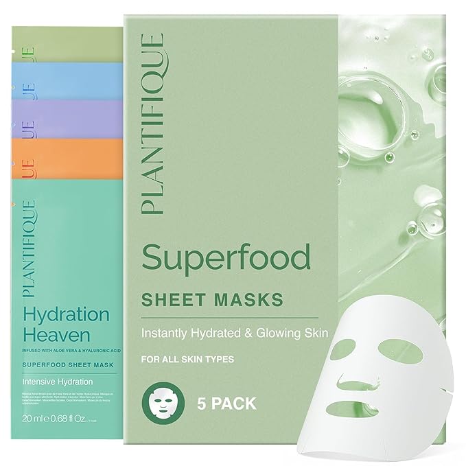 PLANTIFIQUE Superfood Facial Sheet Mask Variety Box 5 Pack ??Face Mask Set with Coconut, Aloe