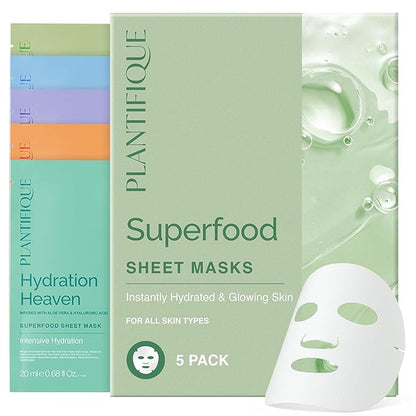 PLANTIFIQUE Superfood Facial Sheet Mask Variety Box 5 Pack ??Face Mask Set with Coconut, Aloe
