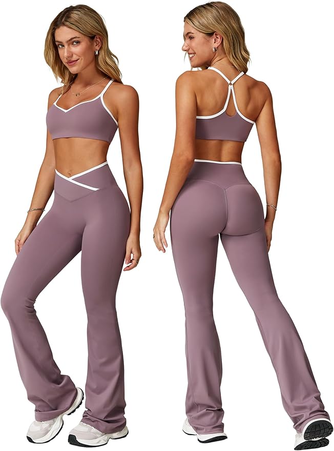 ABOCIW Workout Sets for Women 2 Piece Color Block Strappy Sports Bra High Waist Leggings Gym Yoga