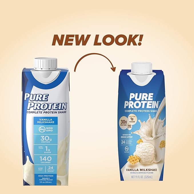 Pure Protein Vanilla Protein Shake, 30g Complete Protein, Vitamins A, C, D, and E plus Zinc to
