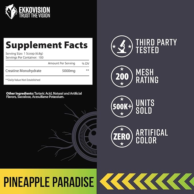 Ekkovision Creatine Monohydrate Powder, Micronized, Pineapple Paradise, Pre Workout & Post Workout