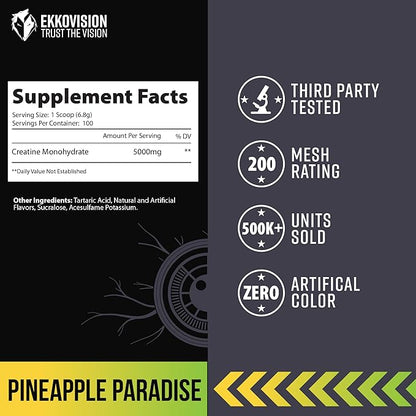 Ekkovision Creatine Monohydrate Powder, Micronized, Pineapple Paradise, Pre Workout & Post Workout