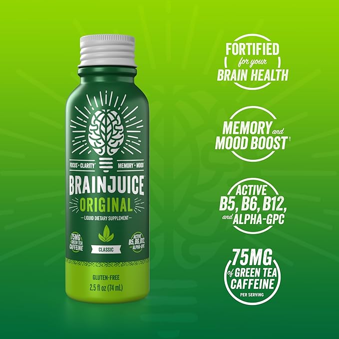 BrainJuice Focus & Energy Drink Shots, Nootropics with Alpha GPC, B Vitamins & Organic Green Tea