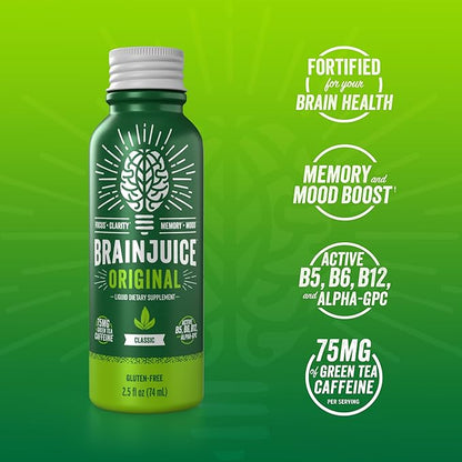 BrainJuice Focus & Energy Drink Shots, Nootropics with Alpha GPC, B Vitamins & Organic Green Tea