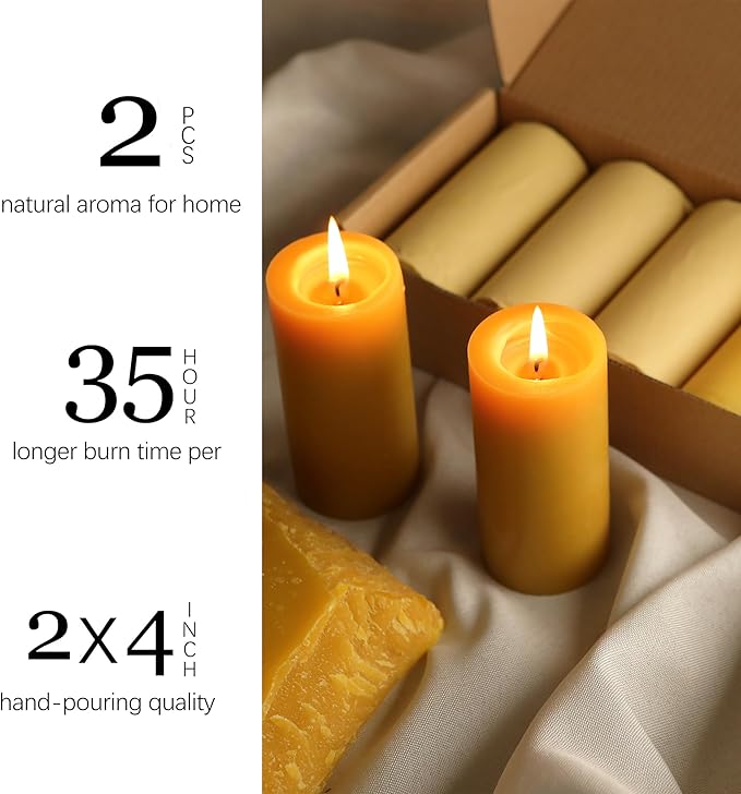 Natural Beeswax Candles Pillar, 2 Packs, 70 Hours Burn Time, 100% Pure Beeswax Candles for Home