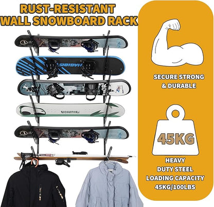 6 Board Snowboard Wall Racks, Adjustable Storage Rack for Ski, Surfboard, Wakeboard, Snowboard Wall