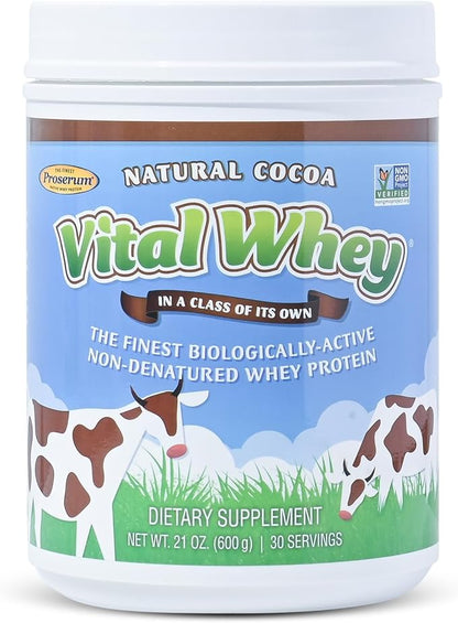 Grass-Fed Whey Protein Powder for Immune Vitality, Natural Cocoa 600g (30 Servings), 15g Protein