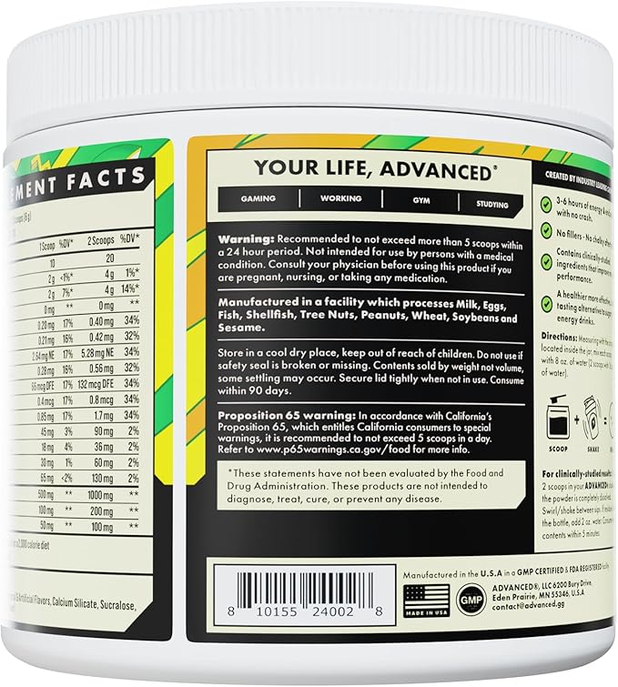 Advanced Energy - Energy Boosting Formula with Electrolytes for Hydration - L-Theanine to Combat