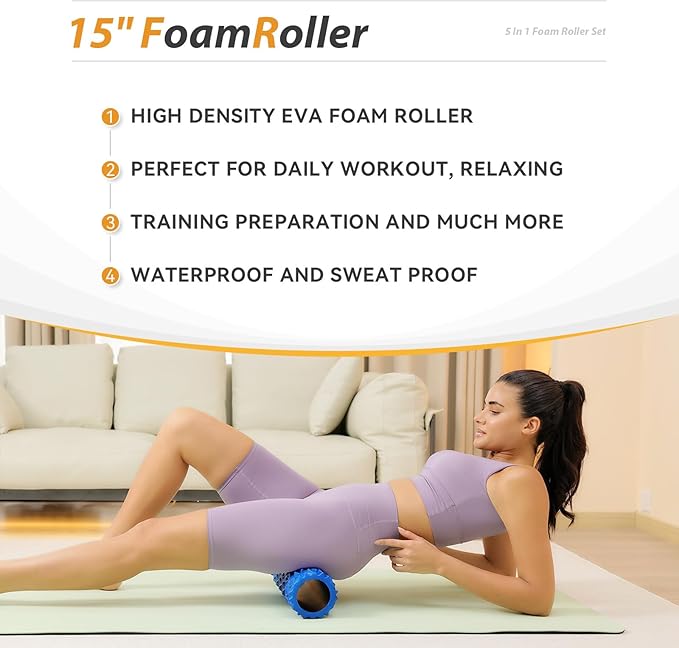 5 in1 Foam Roller Set, Trigger Point Foam Roller, Massage Roller Stick, Massage Ball, Resistance