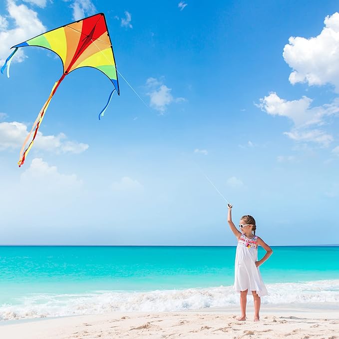 JOYIN 3 Packs Large Delta Kite Green, Blue and Rainbow, Easy to Fly for Kids with 262.5 ft String