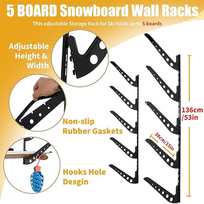 5 Board Snowboard Wall Racks, Adjustable Storage Rack for Ski, Surfboard, Wakeboard, Snowboard Wall