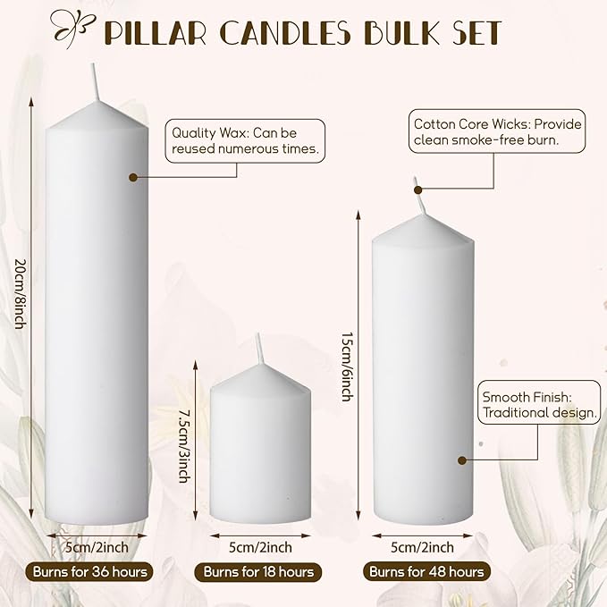 36PC Pillar Candles Bulk 2 in x 3, 6, 8 Inch Long Burning Wax Pillar Candles Unscented Smokeless