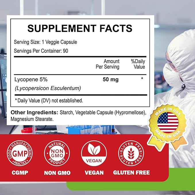 Lycopene Supplements for Men 50mg, Natural Tomato Antioxidant Supplement, 90 Veggie
