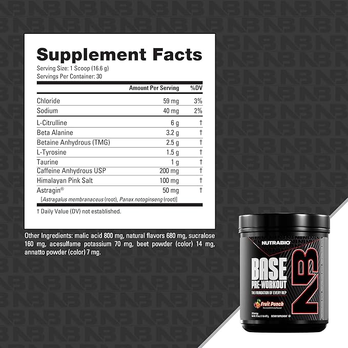 NutraBio Base Pre-Workout Powder 200mg Caffiene, Sustained Energy, Focus, Endurance, Pump, Sugar