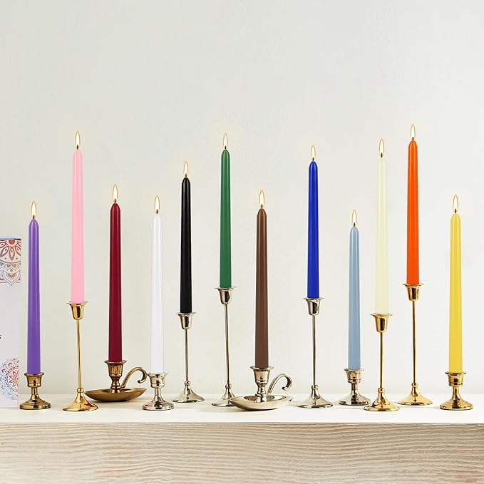 24 Colored Taper Candles, 7-8 Hours Burn Time, Unscented, Smokeless and Dripless, 0.75 x 10 Inch