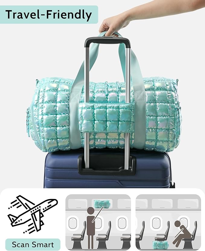 Quilted Duffel Bag for Women, Puffer Gym Duffle Bag with Shoe Compartment Lightweight Large