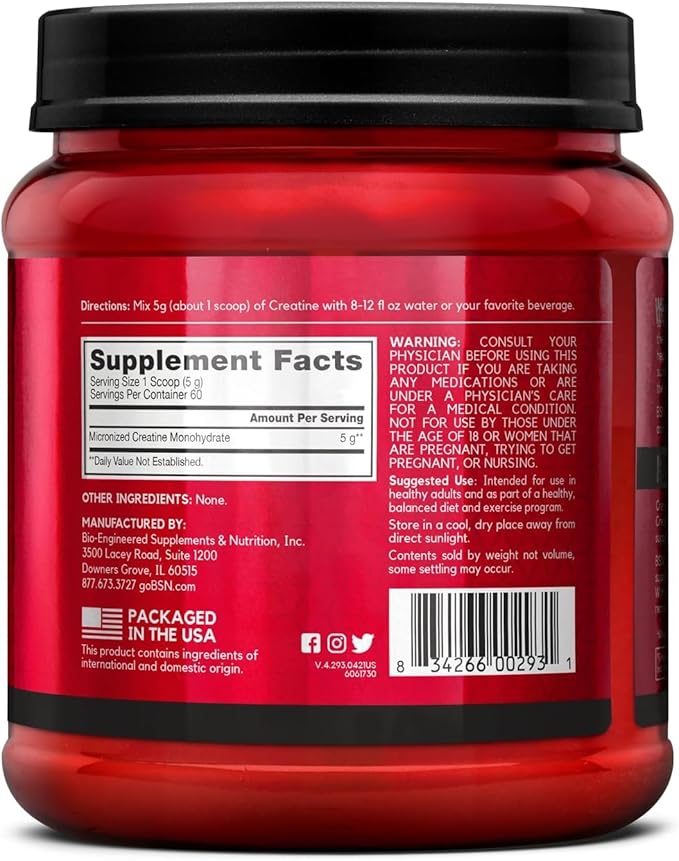 BSN Micronized Creatine Monohydrate Powder, Unflavored, 60 Servings, Supports Muscle Strength, 5g