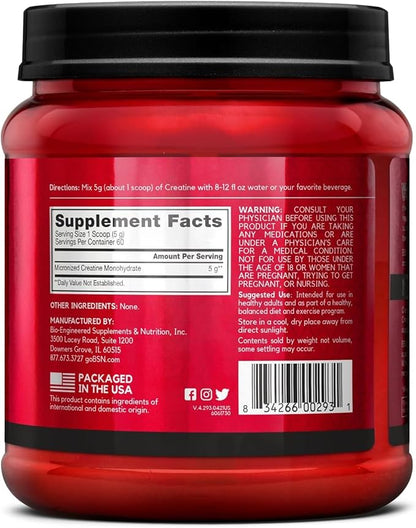 BSN Micronized Creatine Monohydrate Powder, Unflavored, 60 Servings, Supports Muscle Strength, 5g