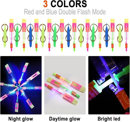 25 Sets LED Flying Set, 25 Slingshot+25 Glow Helicopter-50 Pcs, Flying Toy Outdoor Toys Glow in The