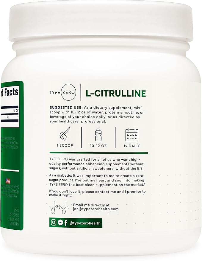 Type Zero Clean L-Citrulline Malate 2:1 Powder Drink Mix (500g, Unflavored) (83 Servings) - Keto
