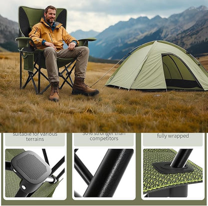 Heavy Duty Folding Chair 500LB Capacity, Oversized Camping Chairs with Cup Holder, Cooler Bag &