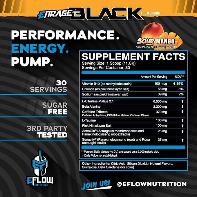 eFlow Nutrition Enrage Black High Stimulant Pre Workout Supplement - Preworkout Powder to Boost
