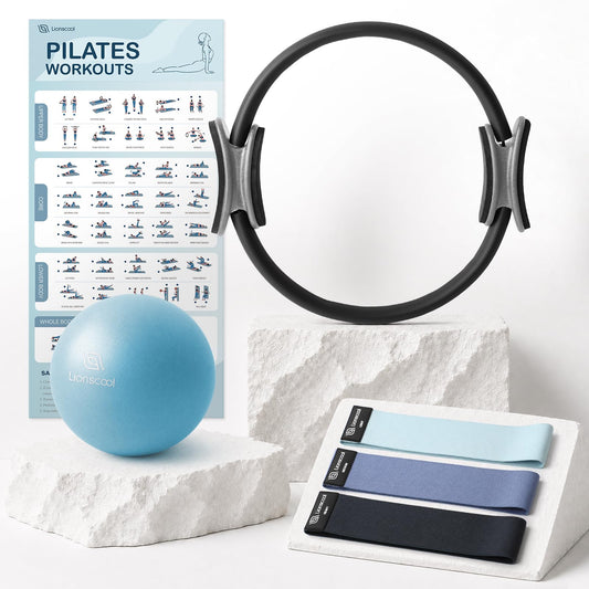 LIONSCOOL Pilates Ring Set 14" Magic Circle, 9" Mini Ball, Resistance Bands
