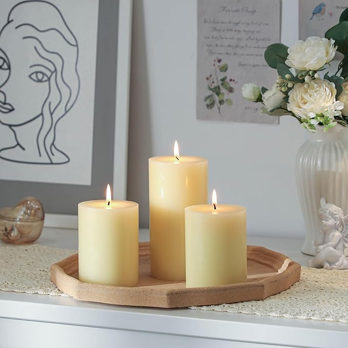 3x6 Inch Ivory Pillar Candles Set of 3-Decorative Unscented Pillar Candle, Long Burning Dripless