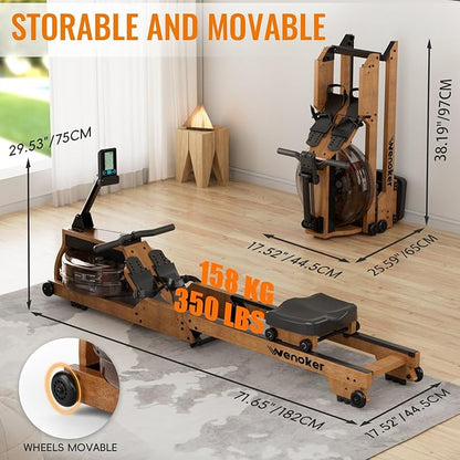 Water Rowing Machine for Home Use, WENOKER Wooden Foldable Rower Machine with Adjustable Monitor &