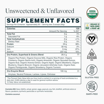 Ora Organic Vegan Protein Powder - 23g Plant Based Pea Protein + Superfood for Women and Men