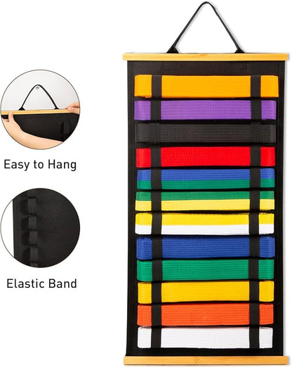 12Belts Karate Belt Display Rack with Bamboo Frame, Felt Taekwondo Belt Display, Martial Art Belt