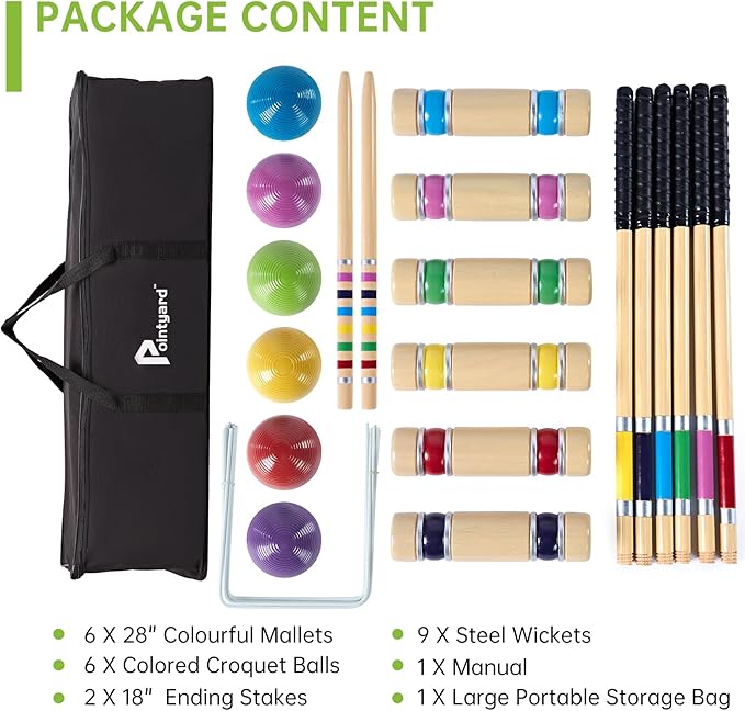 Pointyard 28" Croquet Set for 6 Players - Premium Wooden Mallets, Colored Balls & Carry Bag - Fun