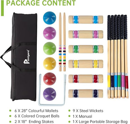 Pointyard 28" Croquet Set for 6 Players - Premium Wooden Mallets, Colored Balls & Carry Bag - Fun