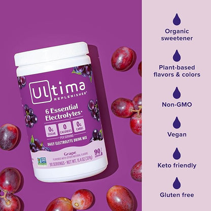 Ultima Replenisher Daily Electrolyte Powder Drink Mix – Sugar Free – Grape, 90 Servings – Hydration