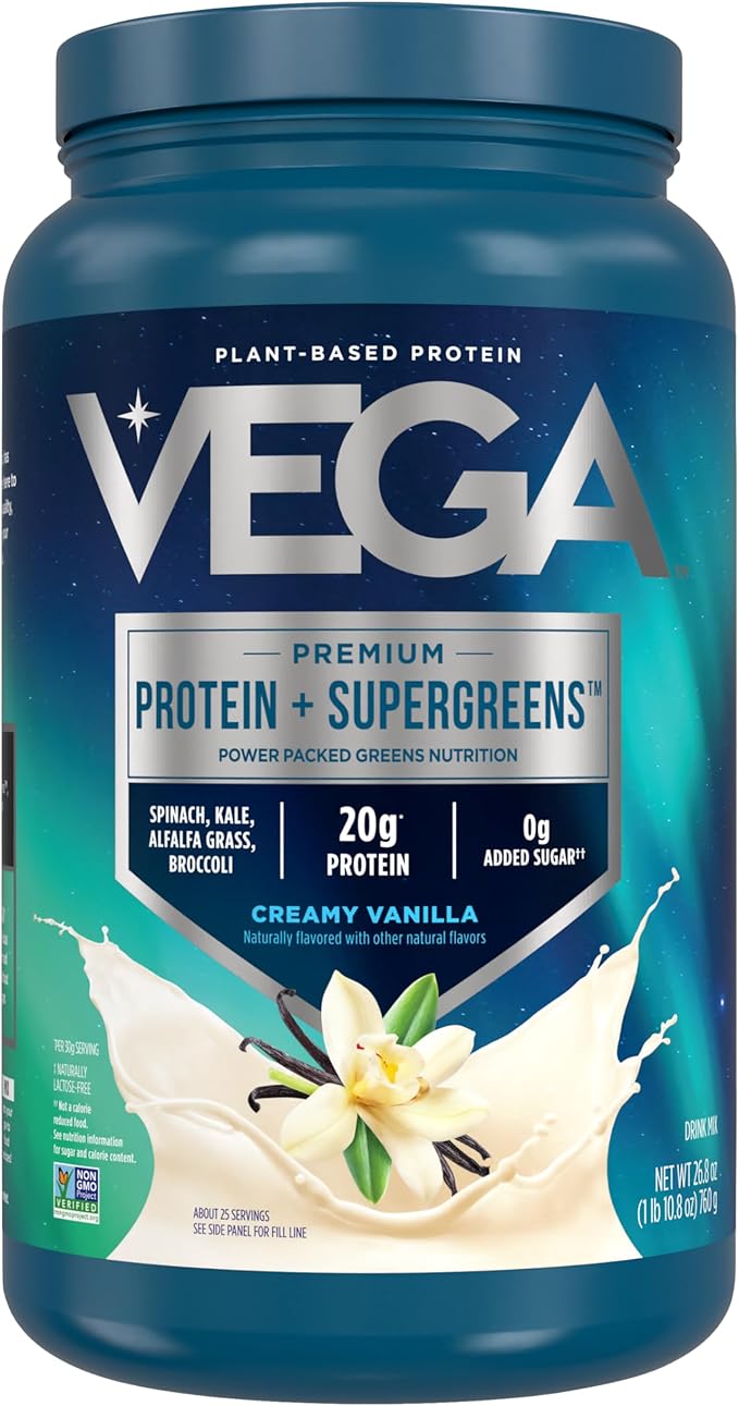 Vega Premium Protein + Supergreens - 20g Protein, Creamy Vanilla, 25 Servings, Spinach,Kale