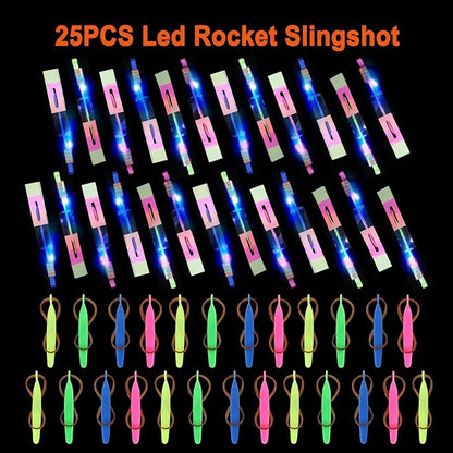 25 Sets LED Flying Set, 25 Slingshot+25 Glow Helicopter-50 Pcs, Flying Toy Outdoor Toys Glow in The