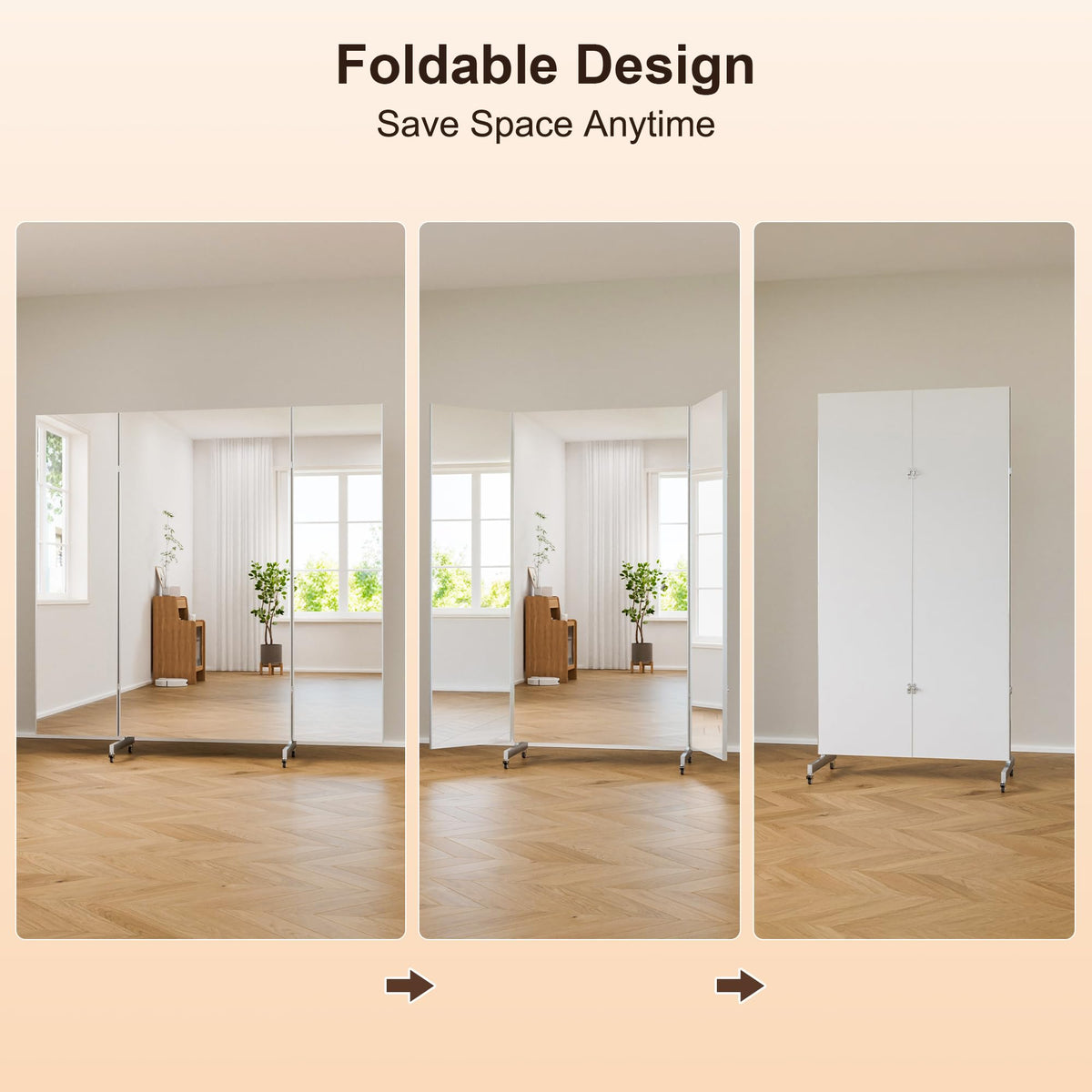 brisafe 67"x63" Folding Mirror with Wheels, 3-Panel Full Length Standing Mirror, Space-Saving