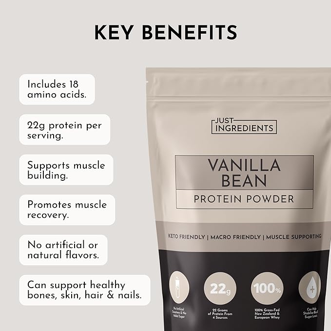 JUST INGREDIENTS Vanilla Bean Protein Powder ??20-Serving Blend with 100% Grass-Fed Whey & Organic