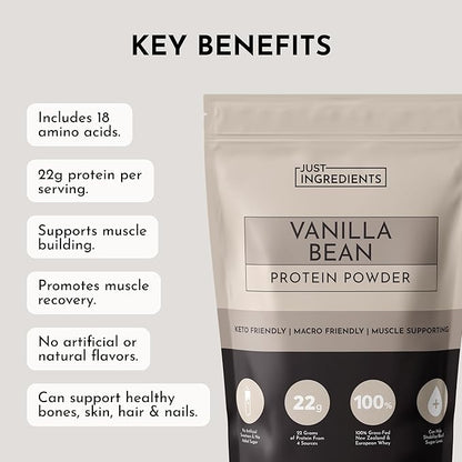 JUST INGREDIENTS Vanilla Bean Protein Powder ??20-Serving Blend with 100% Grass-Fed Whey & Organic