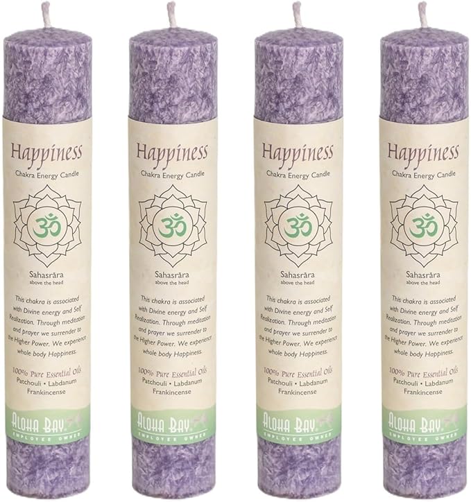 Premium Scented Candle Hand Made Chakra Energy Pillar | 4-Pack | Happiness, Sahasrara | Yoga