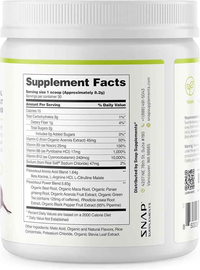 Snap Supplements Pre Workout Beet Root Powder, Nitric Oxide Supplement Preworkout for Men and Women