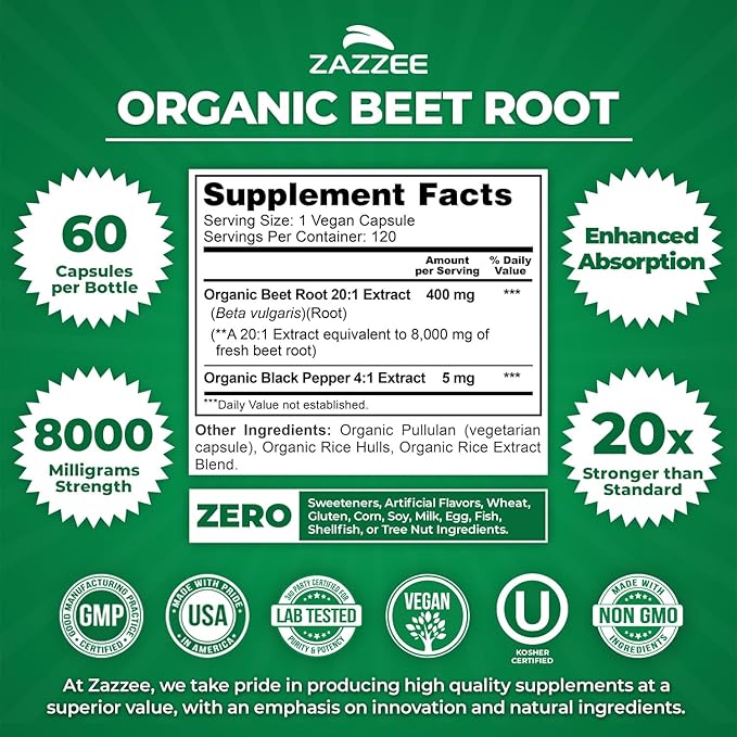 Zazzee USDA Organic Beet Root 8000 mg Strength 20:1 Extract, 60 Vegan Quick Release Capsules, Black