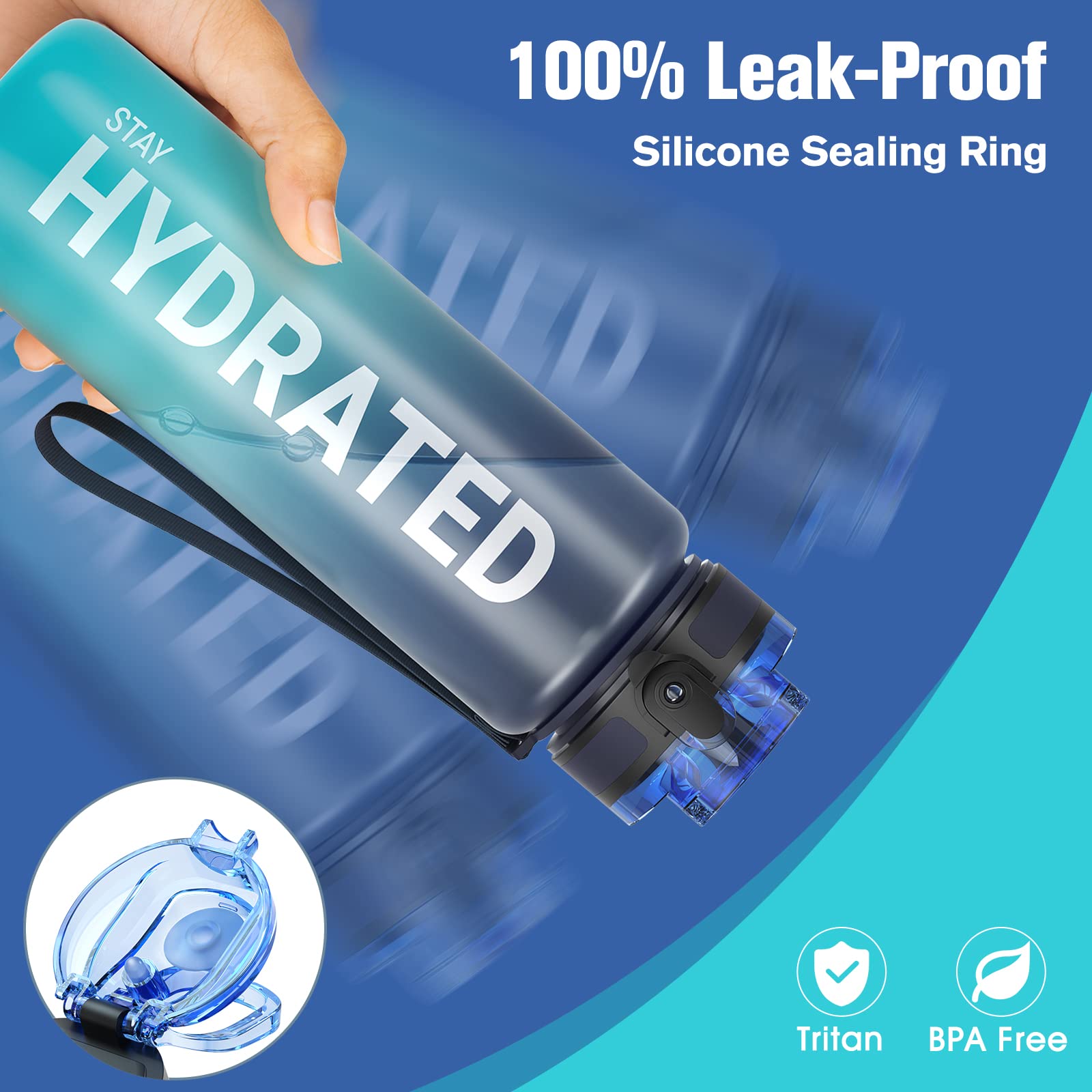 Sahara Sailor Water Bottle 32oz, Tritan Sports Bottle with Time Marker