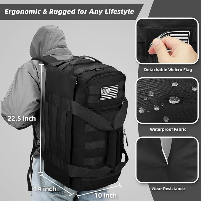 ZOMFELT Tactical Gym Bags for Men, 52L Travel Duffle Bag with Removable Dividers & Innovative Shoe