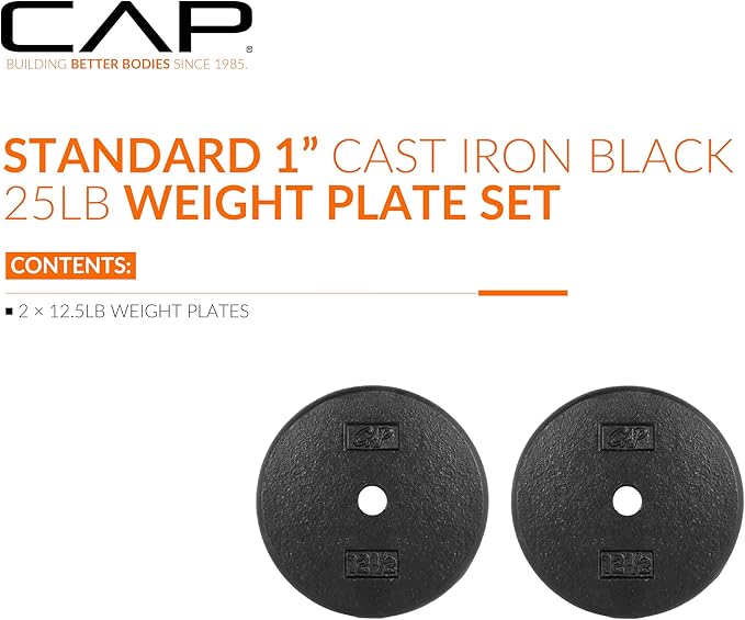 CAP Barbell Standard 1-Inch Cast Iron Weight Plates - Singles & Sets | 1.25-50 lbs | Multiple