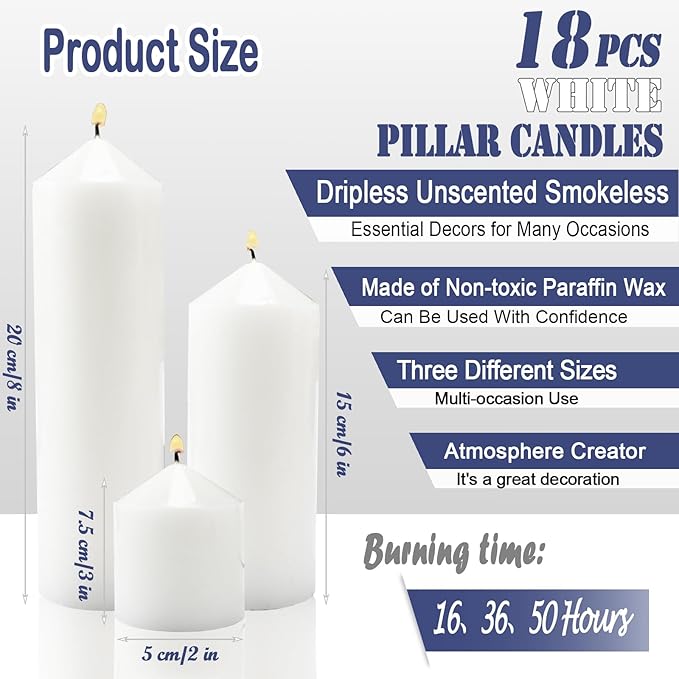 18 Pcs White Pillar Candles Bulk Set，Hurricane Candlesï¼? Different Lengths (6 Each)，Dripless