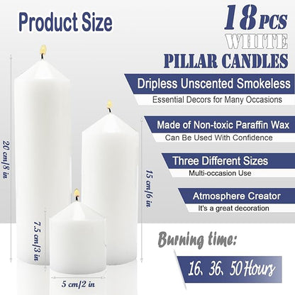 18 Pcs White Pillar Candles Bulk Set，Hurricane Candlesï¼? Different Lengths (6 Each)，Dripless