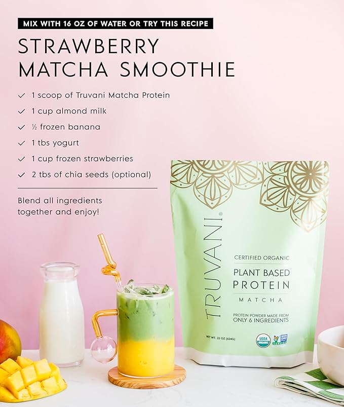 Truvani Vegan Pea Protein Powder | Matcha | 20g Organic Plant Based Protein | 20 Servings | Keto |